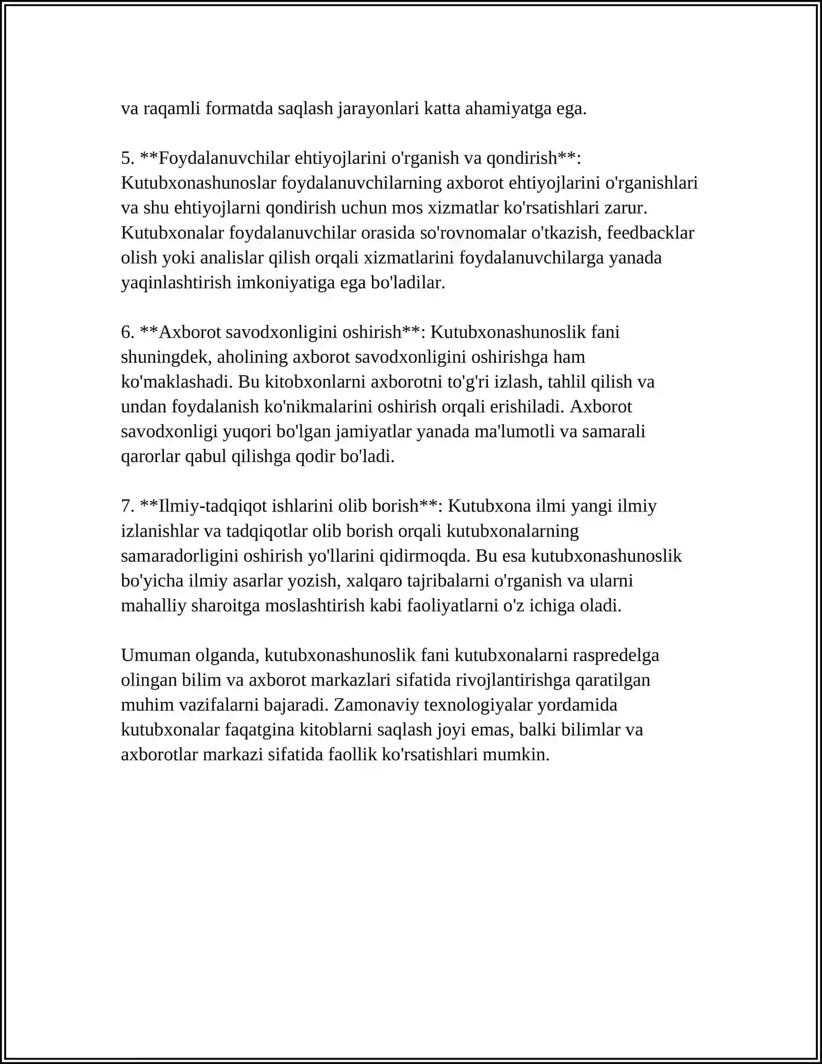 MUSTAQIL ISH Mavzu: KUTUBXONASHUNOSLIK FANINING VAZIFALARI VA TUZILMALARI 4