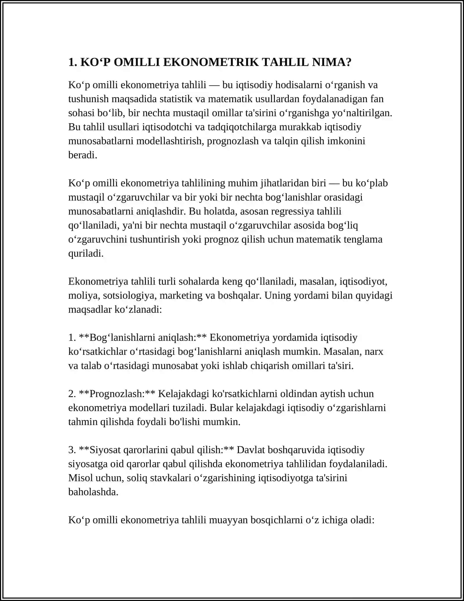 KOʻP OMILLI EKONOMETRIK TAHLILDA OMILLARNI TANLASH MUOMMOSI REFERATLAR TAYYORLASH VA HIMOYA QILISH TAVSIYA ETILADI 4