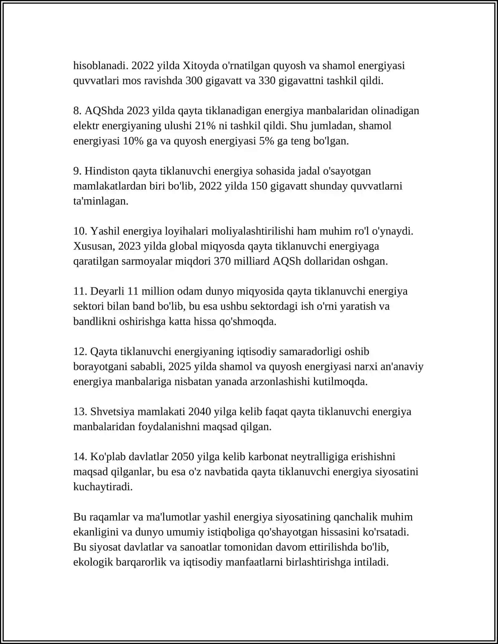 YASHIL ENERGETIKANING DAVLAT TOMONIDAN QOʻLLAB QUVVATLASHNING XORIJ TAJRIBASI 4