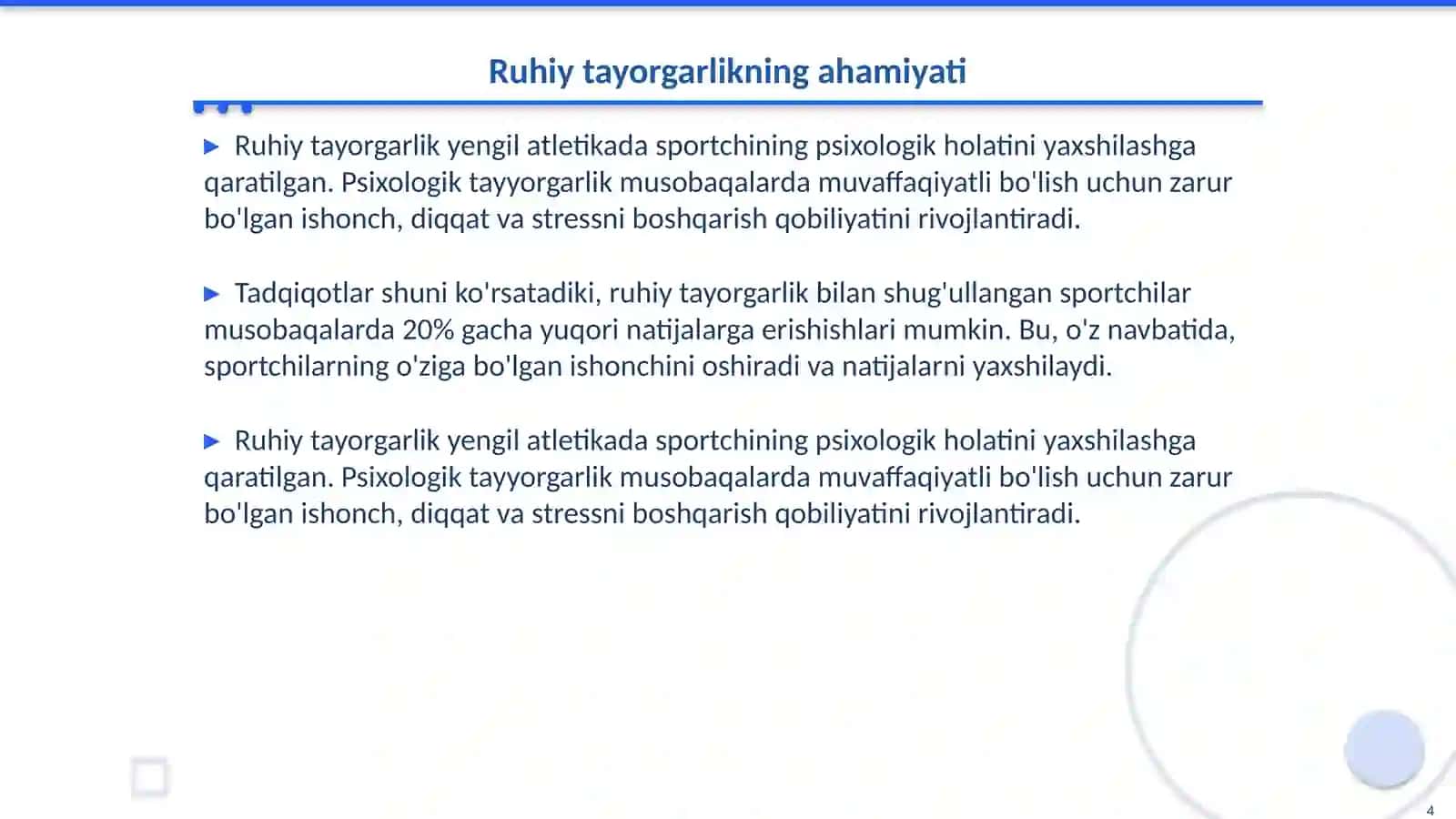 Yengil atletikada ( jismoniy ruhiy ) tayorgarlik turlarining oʻrni 4
