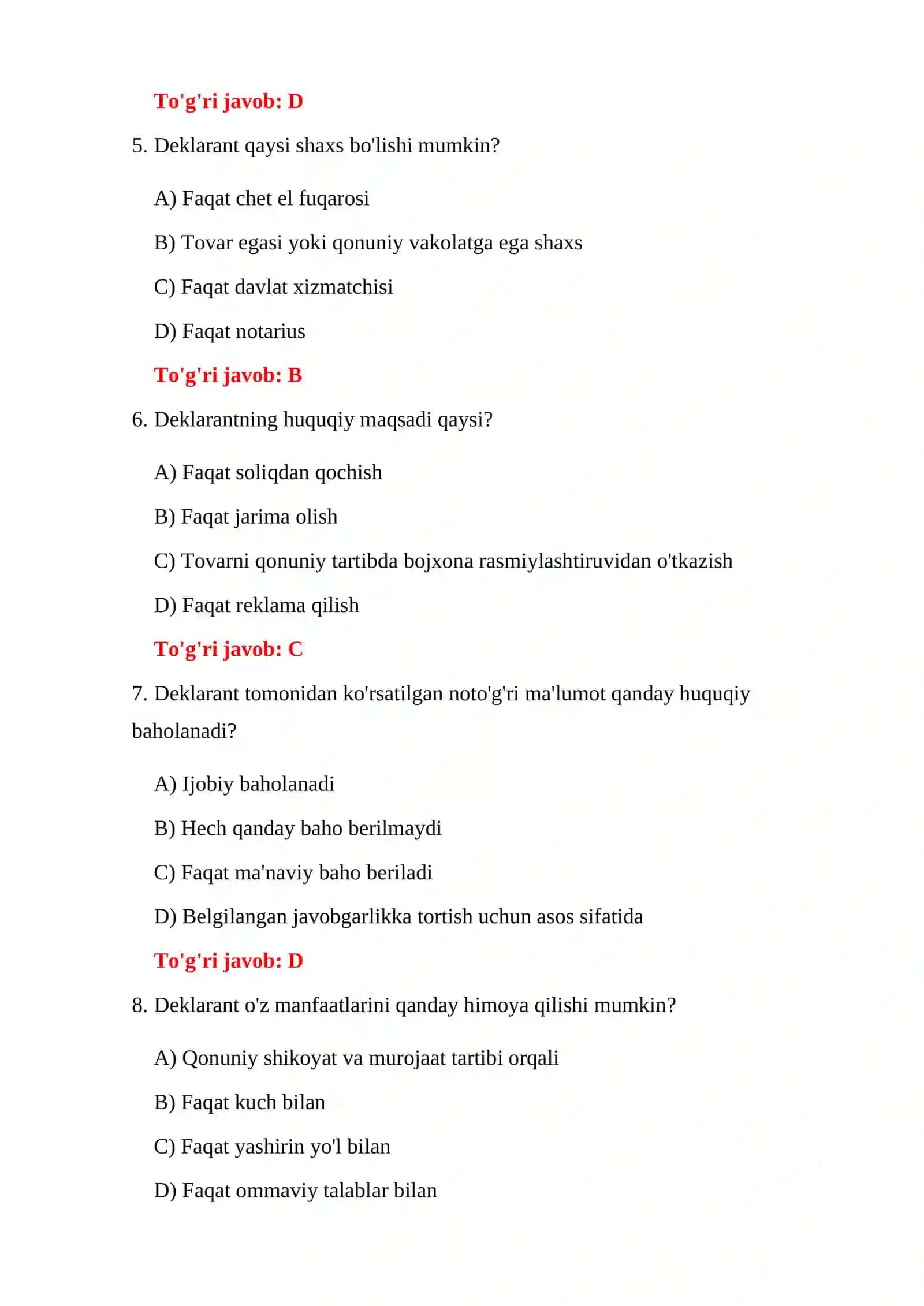 BOJXONA KODEKSI BO'YICHA TESTLAR 4