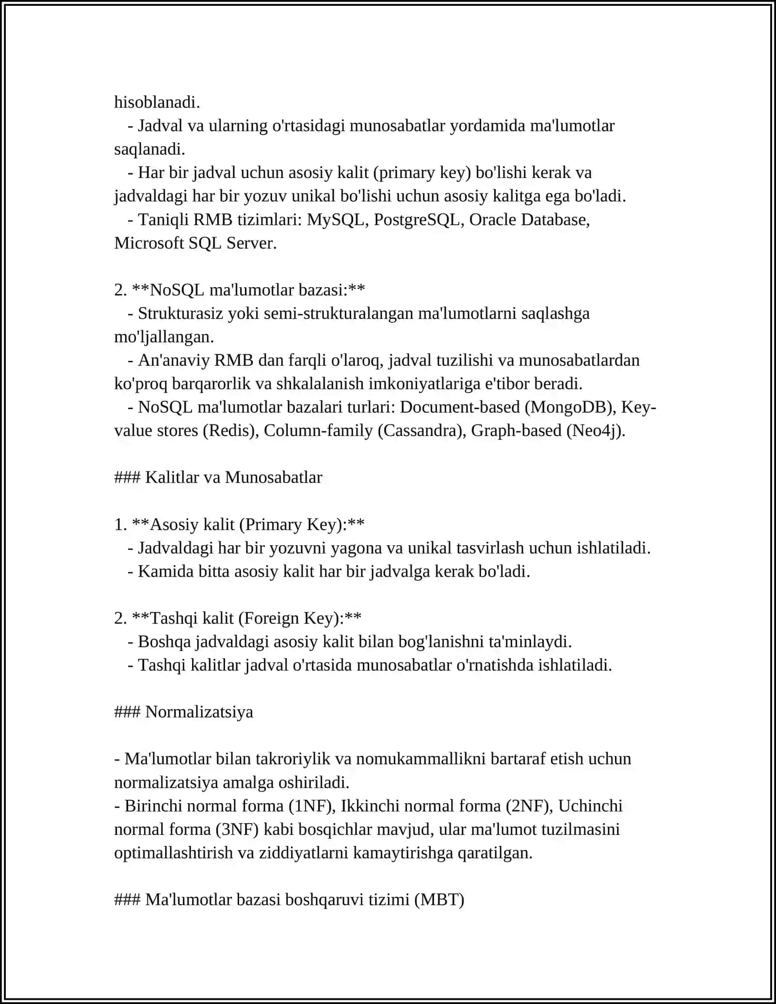 KICHIK LOYIHA – SQLDA ODDIY MA’UMOTLAR BAZASINI YARATISH, MA’LUMOTLAR KIRITISH VA TURLI SO‘ROVLAR YOZISH (MASALAN, TALABA RO‘YXATI VA ULARNING BAHOLARI HAQIDAGI BAZANI YARATISH) 4