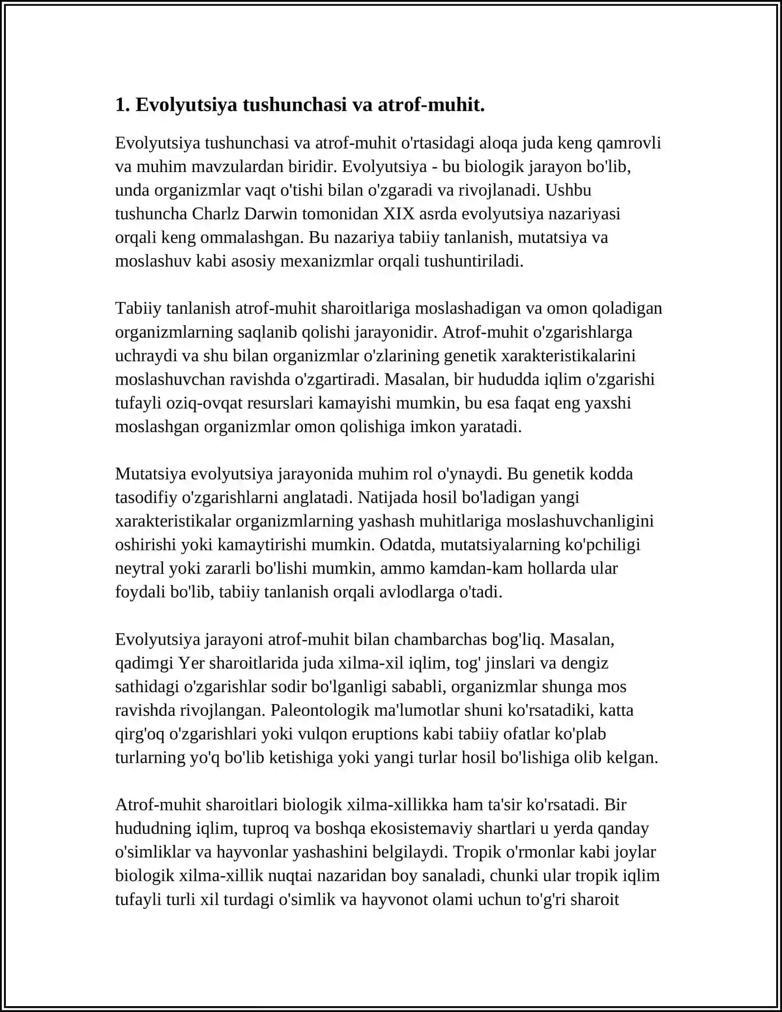 KOEVOLYUTSIYA VA ENVIRONMENTOLIZM DIOLIKTIKASI MAVZUSIDA ESSE TAYYORLASH 4