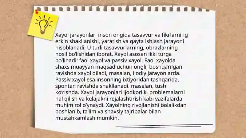 Xayol haqida tushuncha. Xayol jarayonlari va Xayol turlari. 4