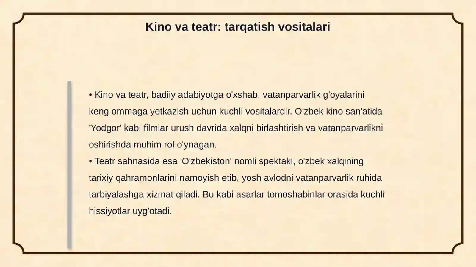 Harbiy vatanparvarlik tarbiyasida badiiy adabiyot, kino, teatr va tasviriy san'atni ahamiyati 4
