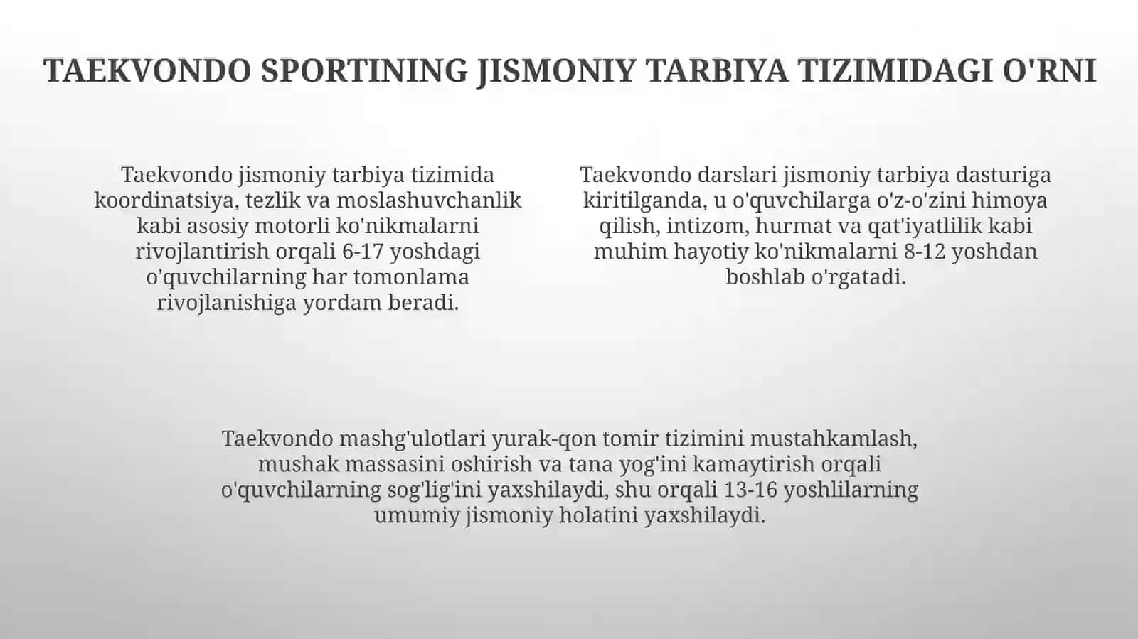 Jismoniy tarbiyat tizimida Taekwondo sportining mohiyati, vazifalari va o'rni 4
