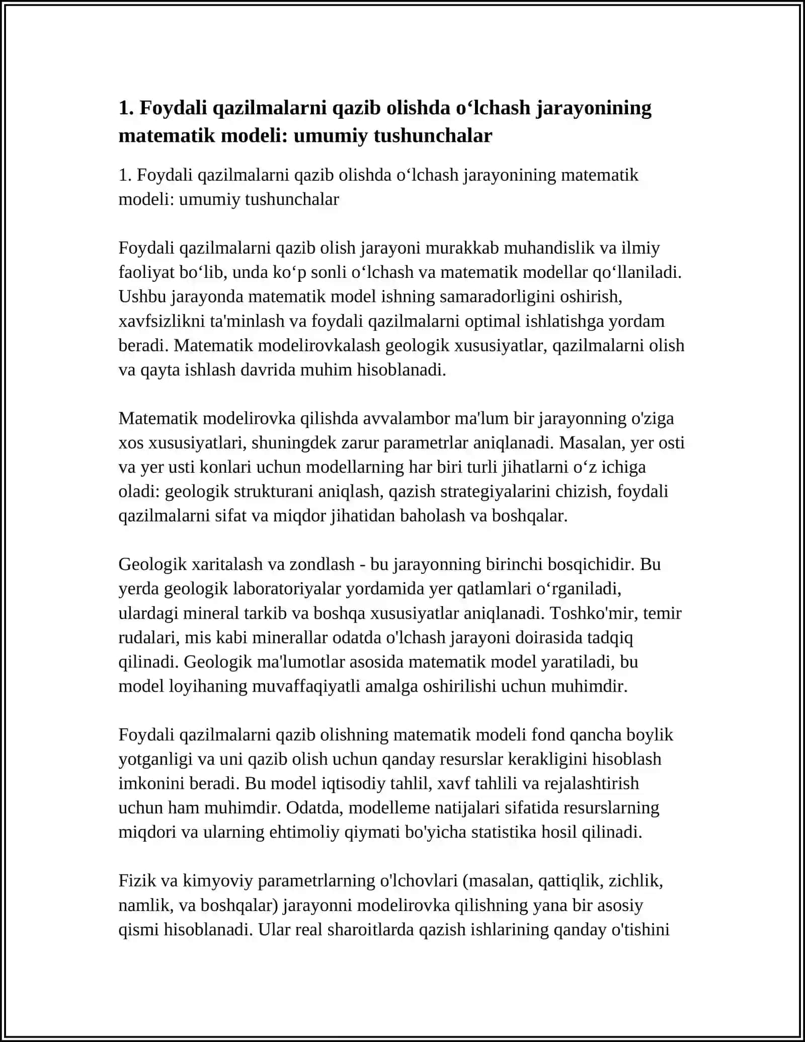 FOYDALI QAZILMALARNI QAZIB OLISHDA OʻLCHASH JARAYONIDA MATEMATIK MODEL 4