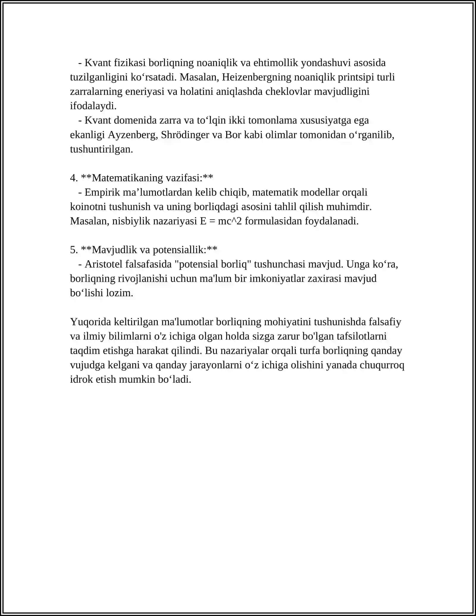 MUSTAQIL ISH Mavzu: FALSAFA VA TABIIY ILMIY FANLARDA BORLIGʻNING MOHIYATIGA OID KONSEPSIYALAR 4