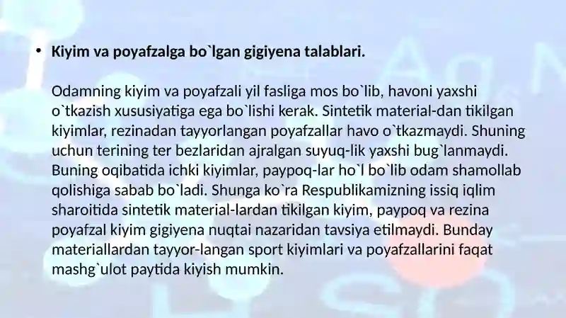 Kiyim boshlar va oyoq kiyimlar gigiyenasi . Kundalik turmushda foydalaniladigan sintetik polimer materiallardan tayyorlangan uy – ro`zg`or buyumlari , bog`lov materiallari , idishlarni qo`llash gigiyenasi 4