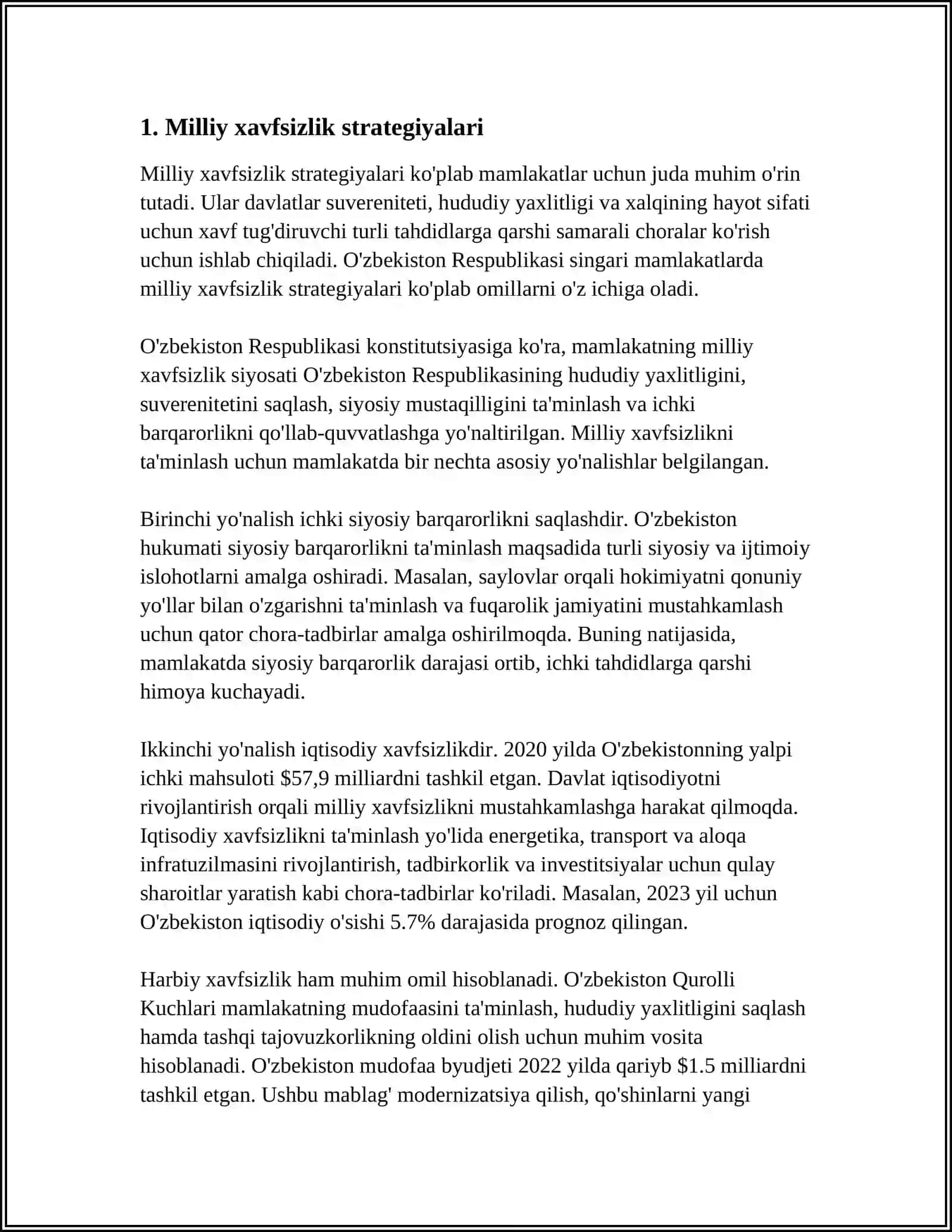 O'ZBEKISTONNING HAVFSIZLIGI VA MUDOFAA SALOHIYATINI KUCHAYTIRISH SOHASIDA OLIB BORILAYOTGAN SIYOSATNING MAZMUNI VA MOHIYATI 4