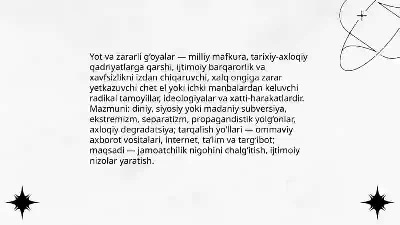 Yot va zararli g‘oyalar, g‘oyaviy kurash tushunchalari ularning mazmuni va mohiyati 4