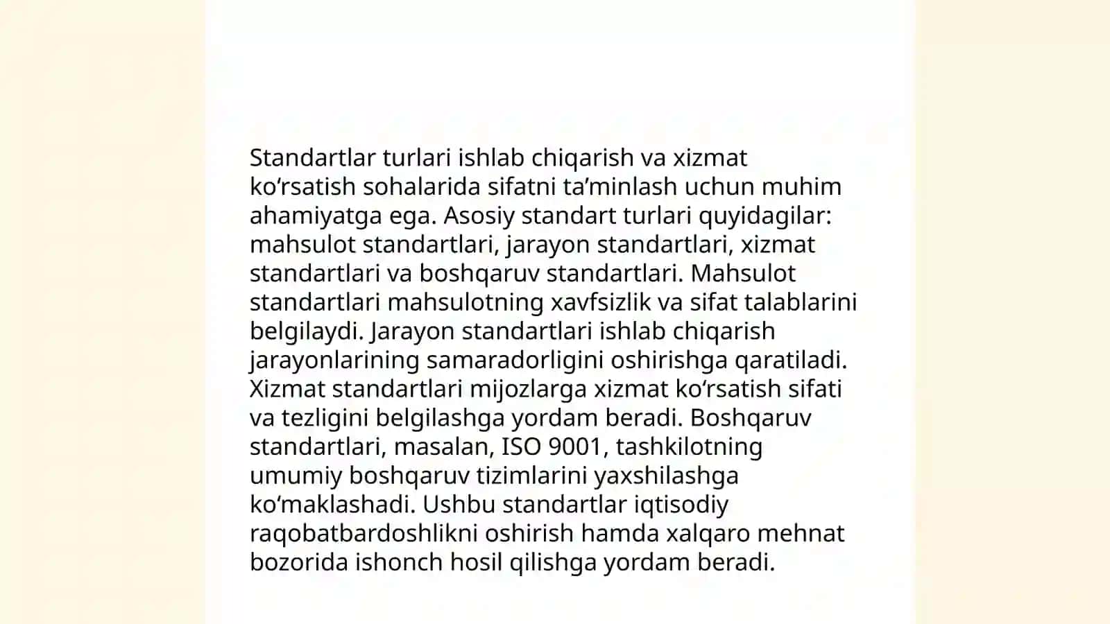 Standart, ularning turlari, ishlab chiqish tartiblari, tasdiqlanishi va ro'yxatdan o'tkazish tartib qoidalarini o'rganish 4