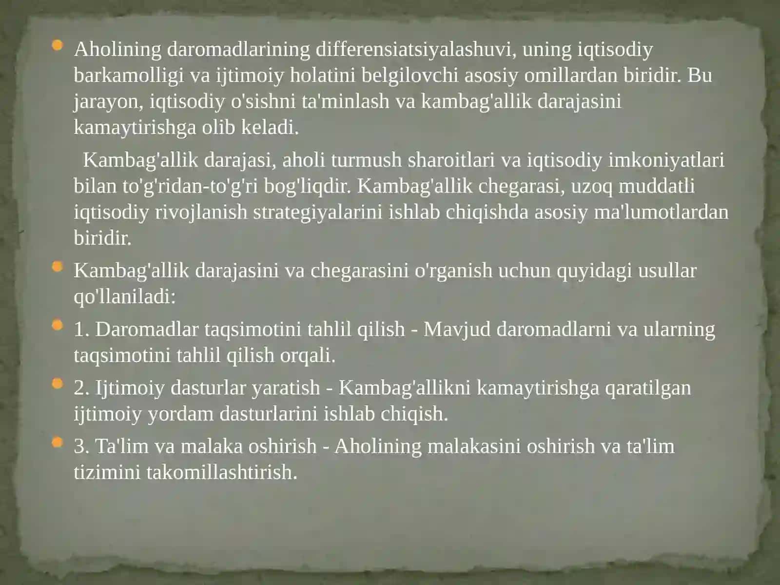 Aholining daromadlarini differensiatsiyalashuvi kambag'allik darajasi va chegarasini o'rganish usullari. 4