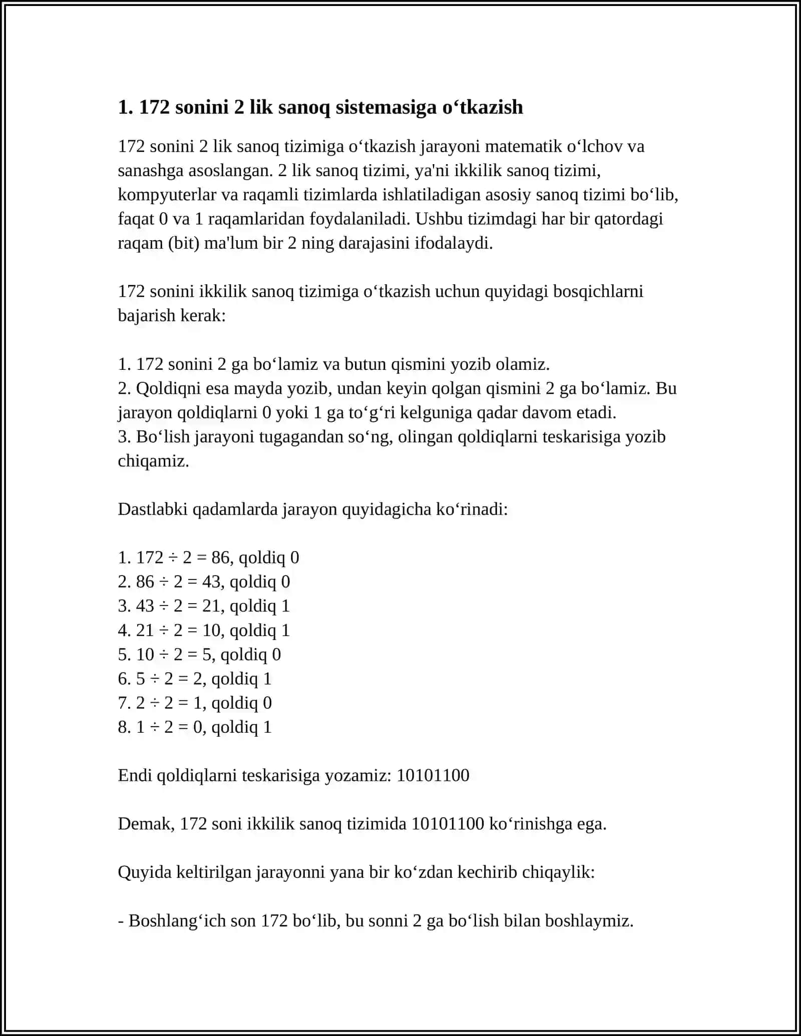 172 SONINI 10 LIK SANOQ SISTEMASIDAN 2, 8 16 LIK SANOQ SISTEMASIGA O‘TKAZING VA 172.22.10.135 IP MANZILINI 2 LIK SANOQ SISTEMASIGA O‘TKAZING 4