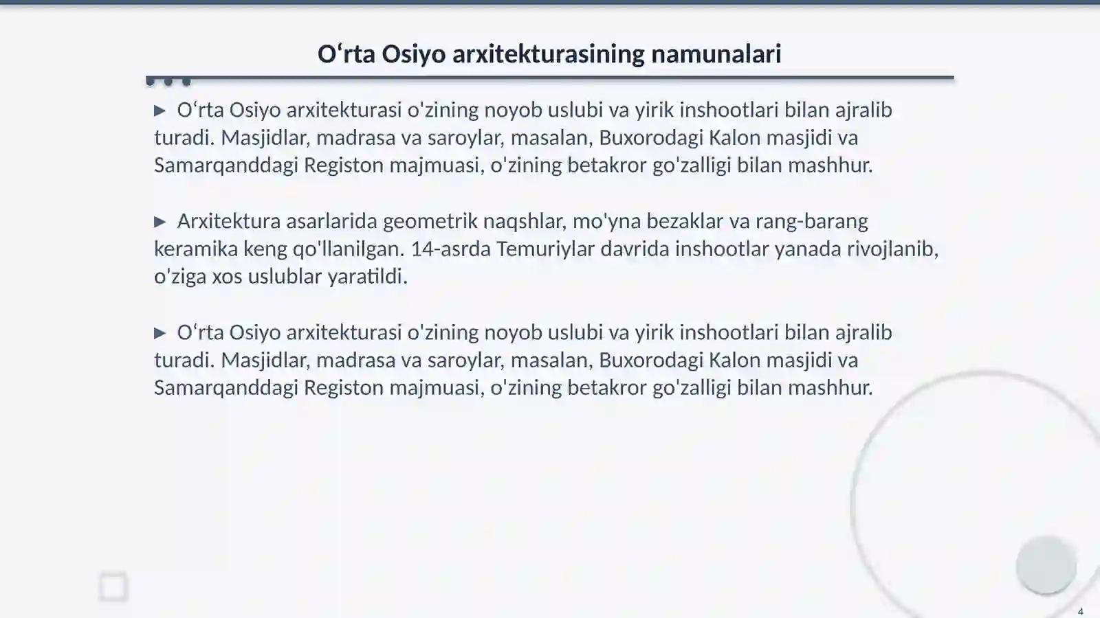 Oʻrta Osiyo sulolalar davridagi madaniy meros 4