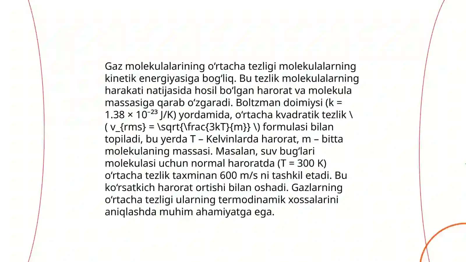 Gaz molekulalarining o‘rtacha to‘qnashish soni va o‘rtacha erkin yugurish yo’li. b)Barometrik formula c)Gazlarda elektr toki 4