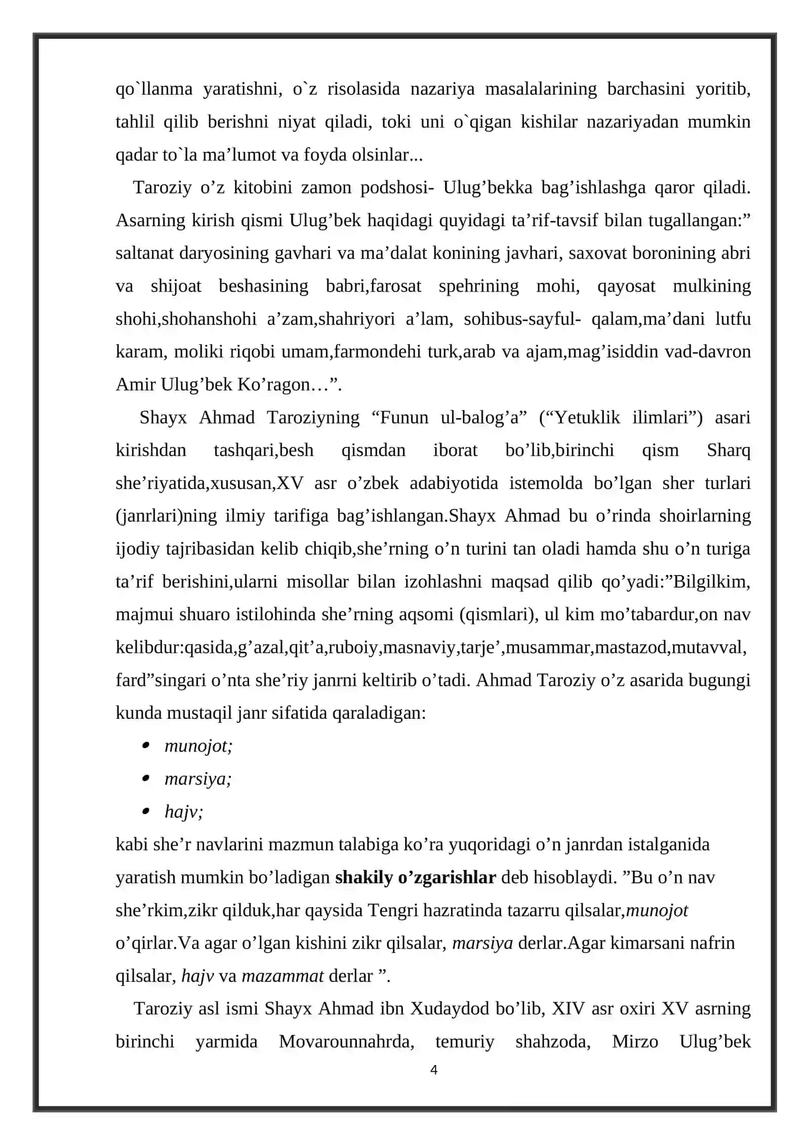 “AHMAD TAROZIY VA JANRSHUNOSLIK” MAVZUSIDAGI KURS ISHI 4