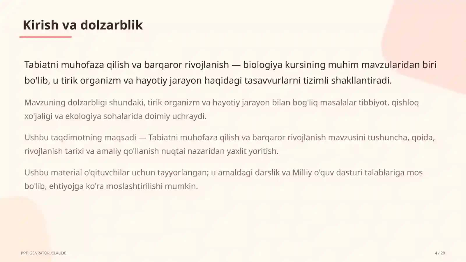 Tabiatni muhofaza qilish va barqaror rivojlanish (11-sinf) 4