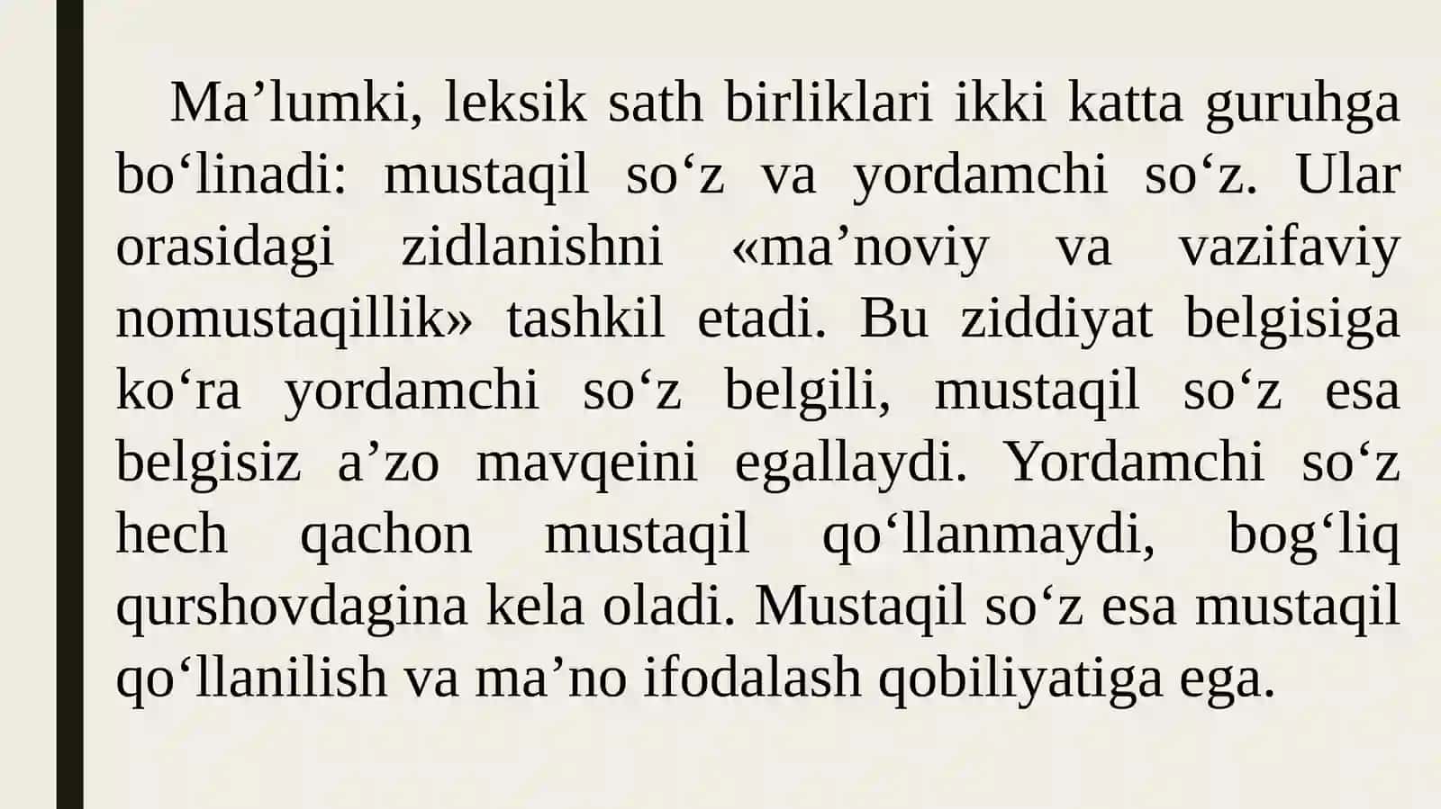 Hozirgi oʻzbek tilida yordamchi soʻzlar. Koʻmakchi 4