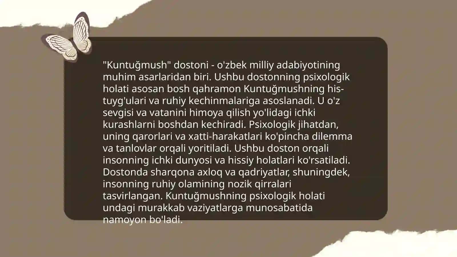 Kuntuğmush dostonida psixologik holatning ifoda etilishi Alisher Navoiy ijodida folkor ananalari Özbek folkorshunosligining tadrijiy taraqqiyoti Tóra Mirzaev va mamatqul jórayevlarning ózbek folkorshunosligiga qóshgan hissasi 4