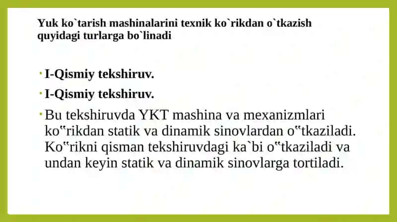 Yuk ko‘tarish kranlarini xavfsiz ishlashi uchun texnik tekshiruv va sinovdan 	o‘tkazish 4
