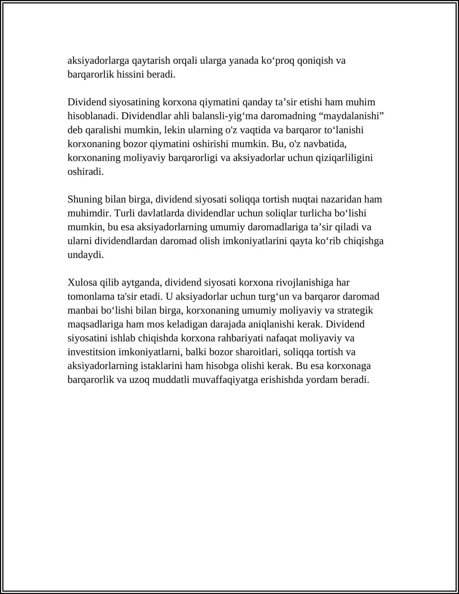 DIVIDEND SIYOSATI VA UNING KORXONA RIVOJLANISHIGA TA'SIRI 4