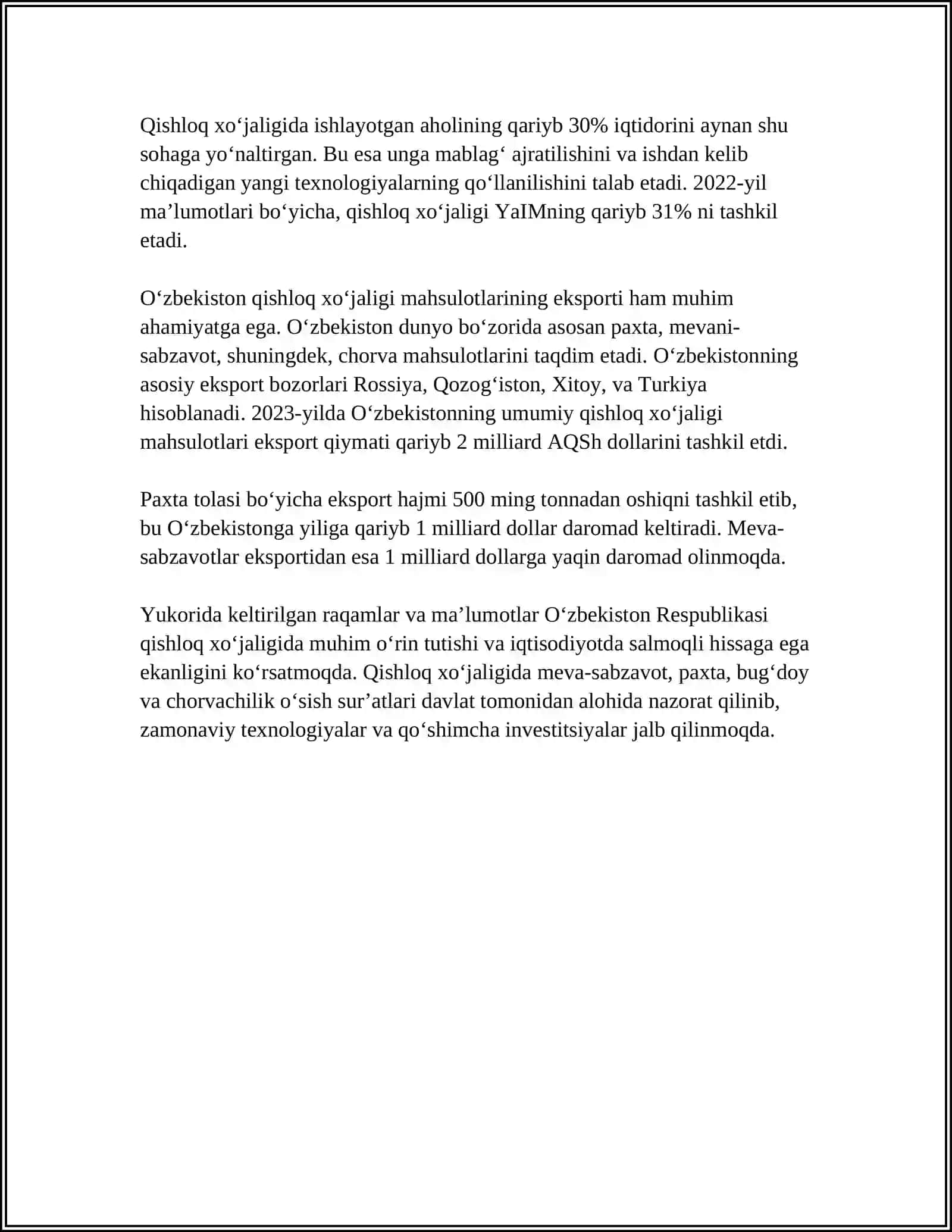 AGRAR SOHANING OʻZBEKISTON RESPUBLIKASINING YAIMDAGI ULUSHI 2024-2025-o'quv yili 4