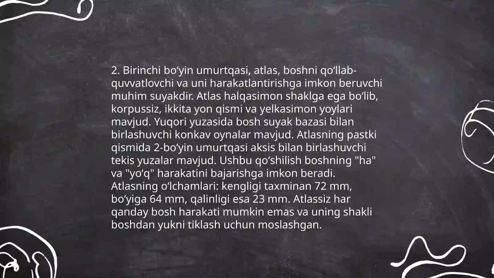 Umurtqa pogʻonasi suyaklari (birinchi va ikkinchi boʻyin umurtqalari,boʻyin umurtqalari,koʻkrak umurtqalari,bel va dumgʻaza umurtqalari) 4