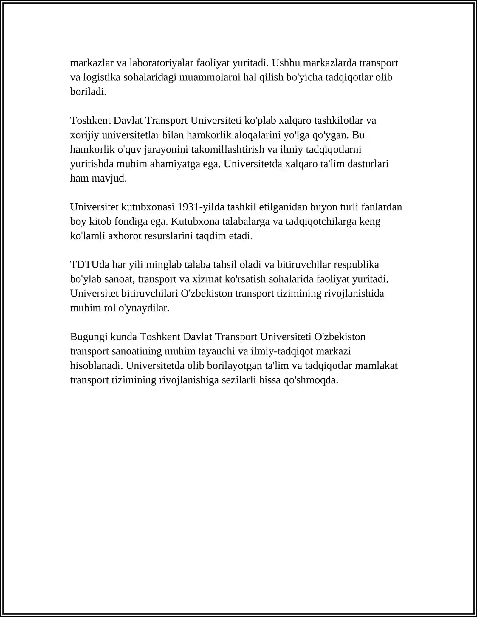 MUSTAQIL ISH Mavzu: TOSHKENT DAVLAT TRANSPORT UNIVERSITETI 4