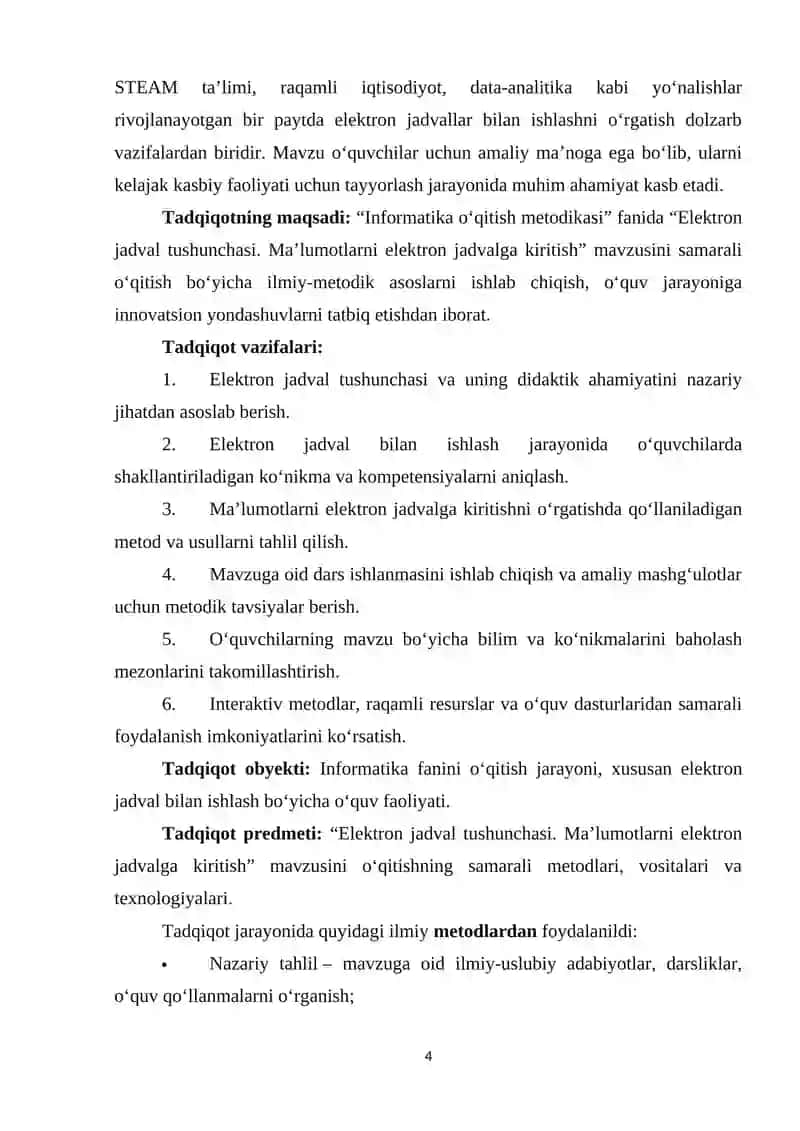 “Elektron jadval tushunchasi. Maʼlumotlarni elektron jadvalga kiritish” mavzusini oʻqitish metodikasi 4
