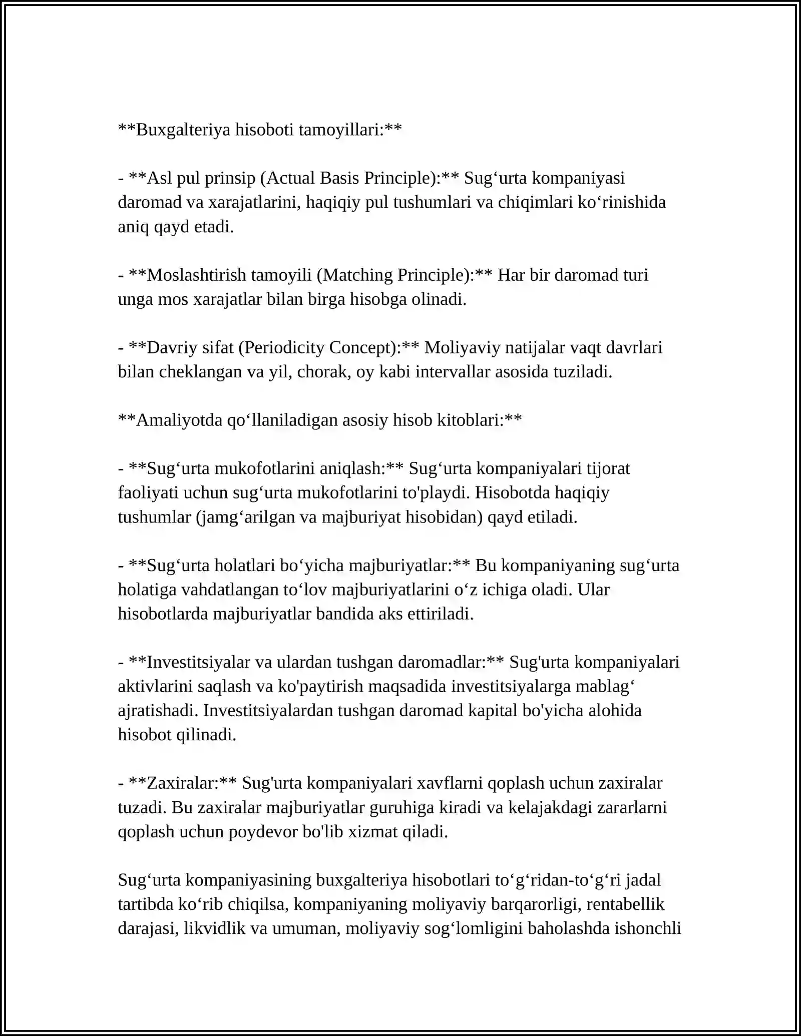 SUGʼURTA KOMPANIYASINING BUXGALTERIYA HISOBOTINING TUZILISHI: BALANS, MOLIYAVIY NATIJALAR TOʼGʼRISIDAGI HISOBOT VA BOSHQALAR 4