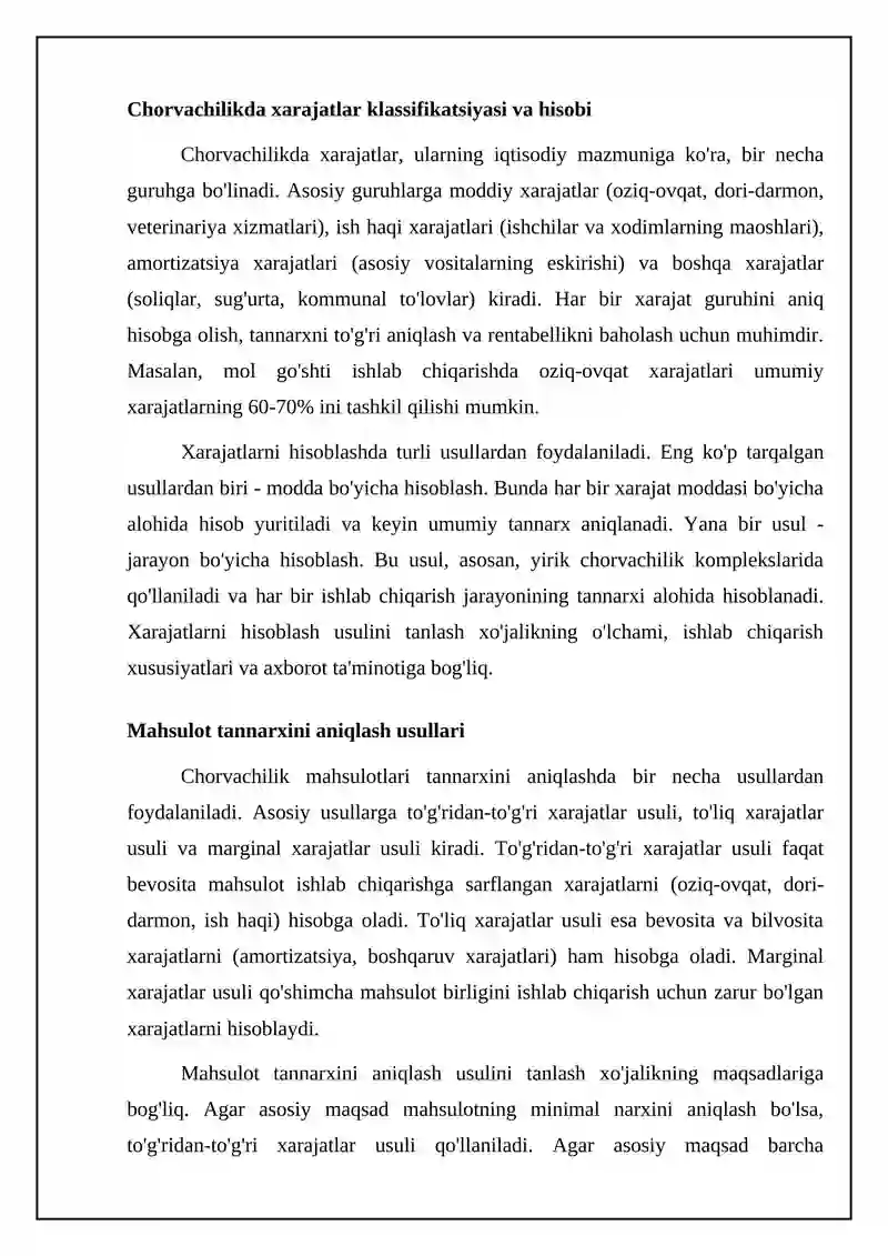 Mavzu Chorvachilikda xarajatlarni hisoblash va mahsulot tannarxini aniqlash asoslari 4