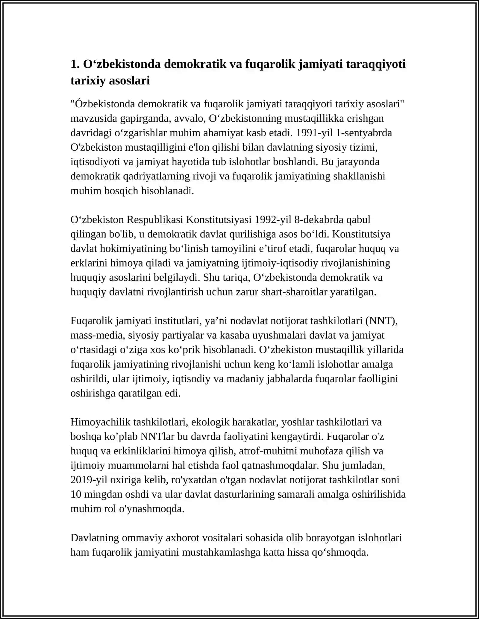 ÓZBEKISTONDA DEMOKRATIK, FUQAROLIK JAMIYATI ASOSLARINING SHAKLLANISHI, AMALGA OSHIRILGAN SIYOSIY ISLOHATLAR 4