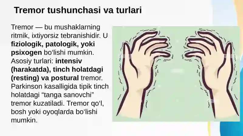 Bosh aylanishi va tremor turlari. Diagnostika, differensial diagnostika, davolash prinsplari, reablitatsiya. Nerv sistemasining hajmli hosilalari. Diagnostika, differensial diagnostika, davolash prinsplari, reablitatsiya 4