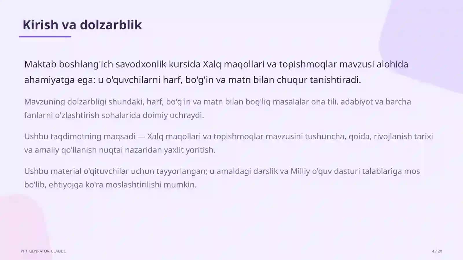Boshlang'ich sinf: Ona tili va o'qish (1–4) — o'qituvchilar uchun 4