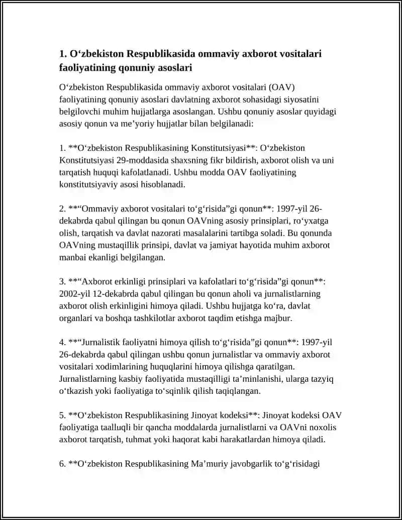 O‘zbekiston Respublikasida Ommaviy Axborot Vositalari Faoliyatining Qonuniy Asoslari 4