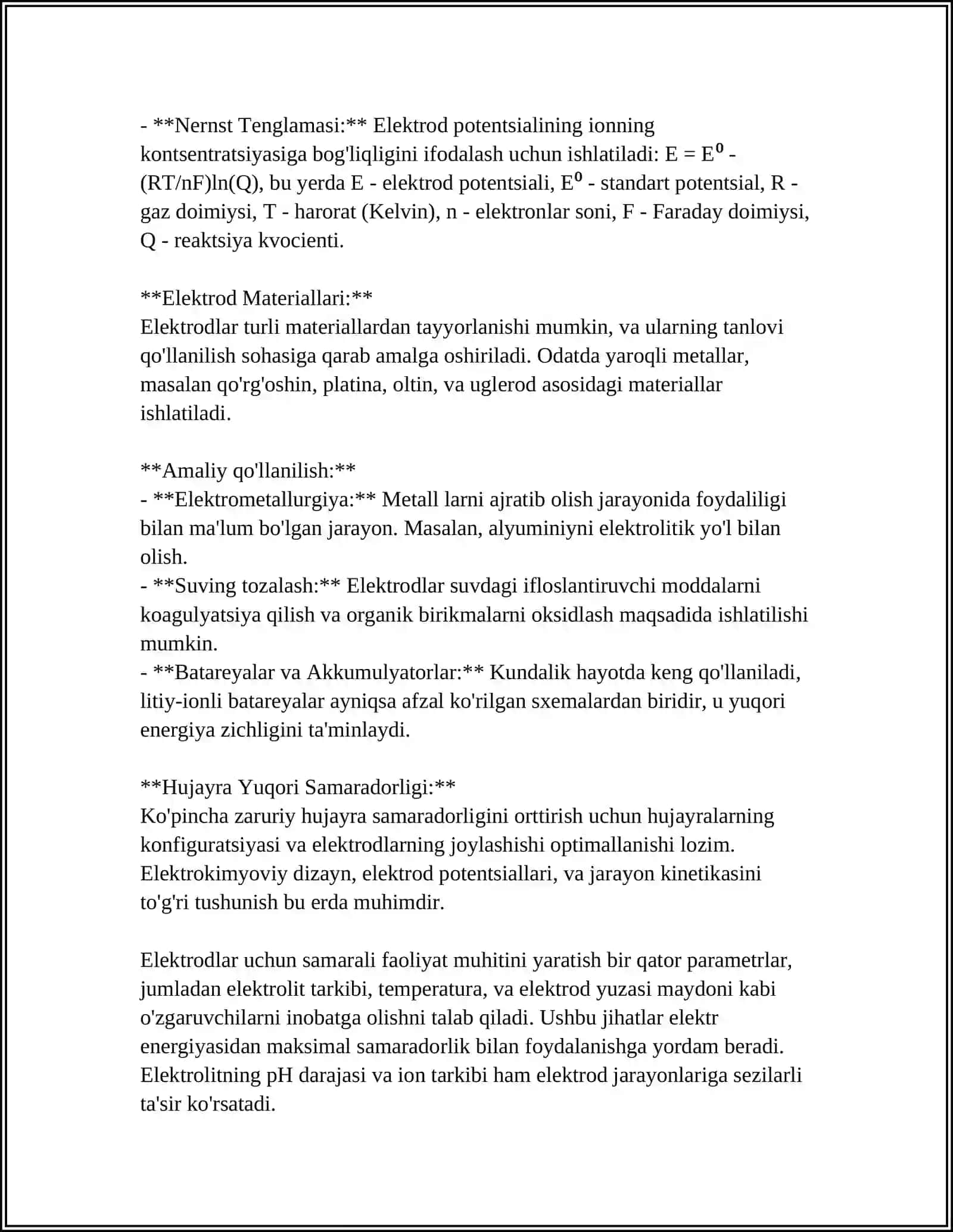 ELEKTRODLARDAGI JARAYONLAR.POTENSIALLAR HOSIL BO'LISHI 4