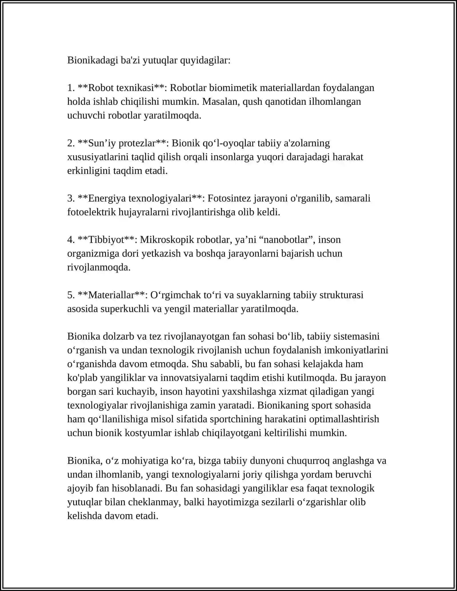 MUSTAQIL ISH Mavzu: BIONIKA ASOSLARI VA UNING INSON HAYOTIDAGI O'RNI 4