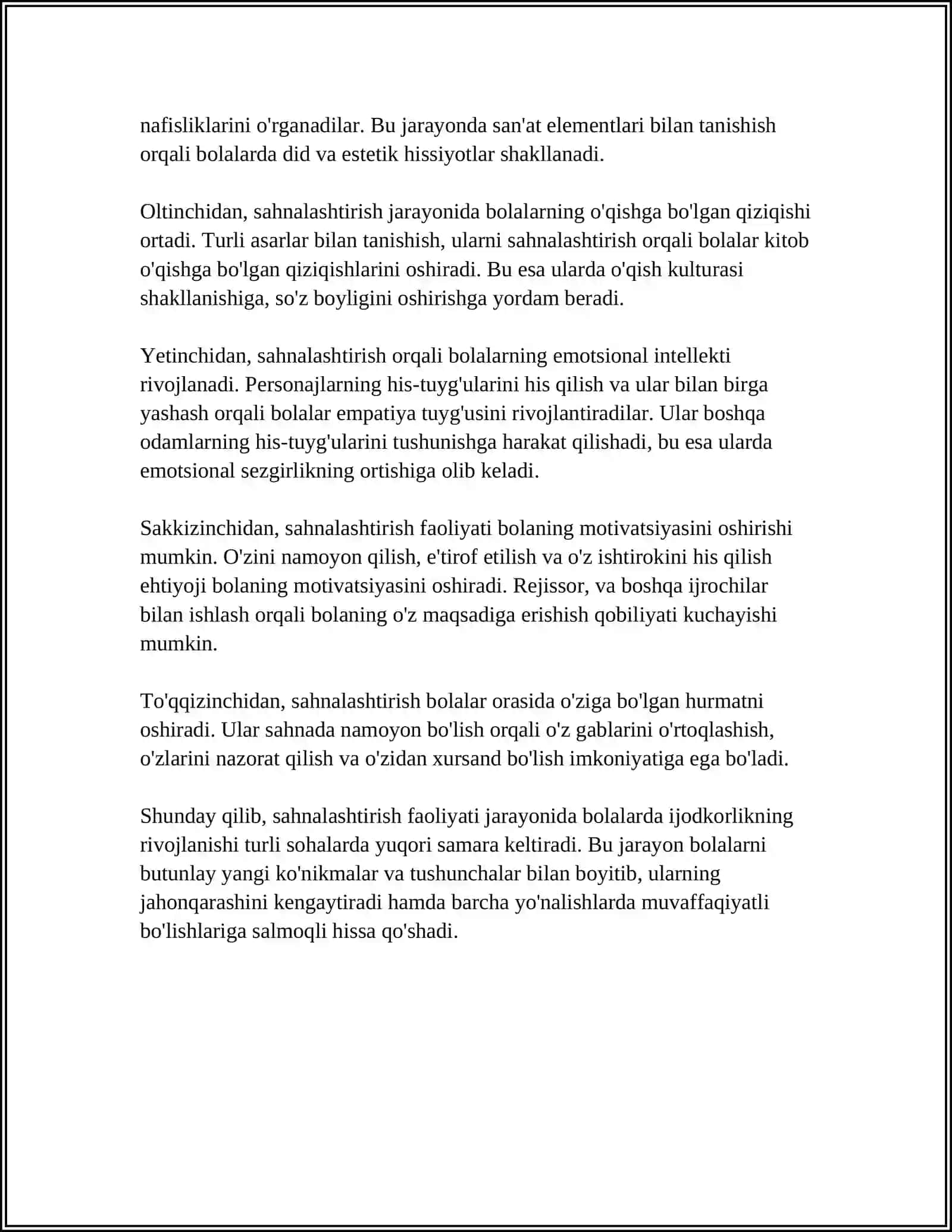 SAHNALASHTIRISH FAOLIYATI JARAYONIDA BOLALARDA IJODKORLIK RIVOJLANISHNING ŎZIGA XOSLIGI 4