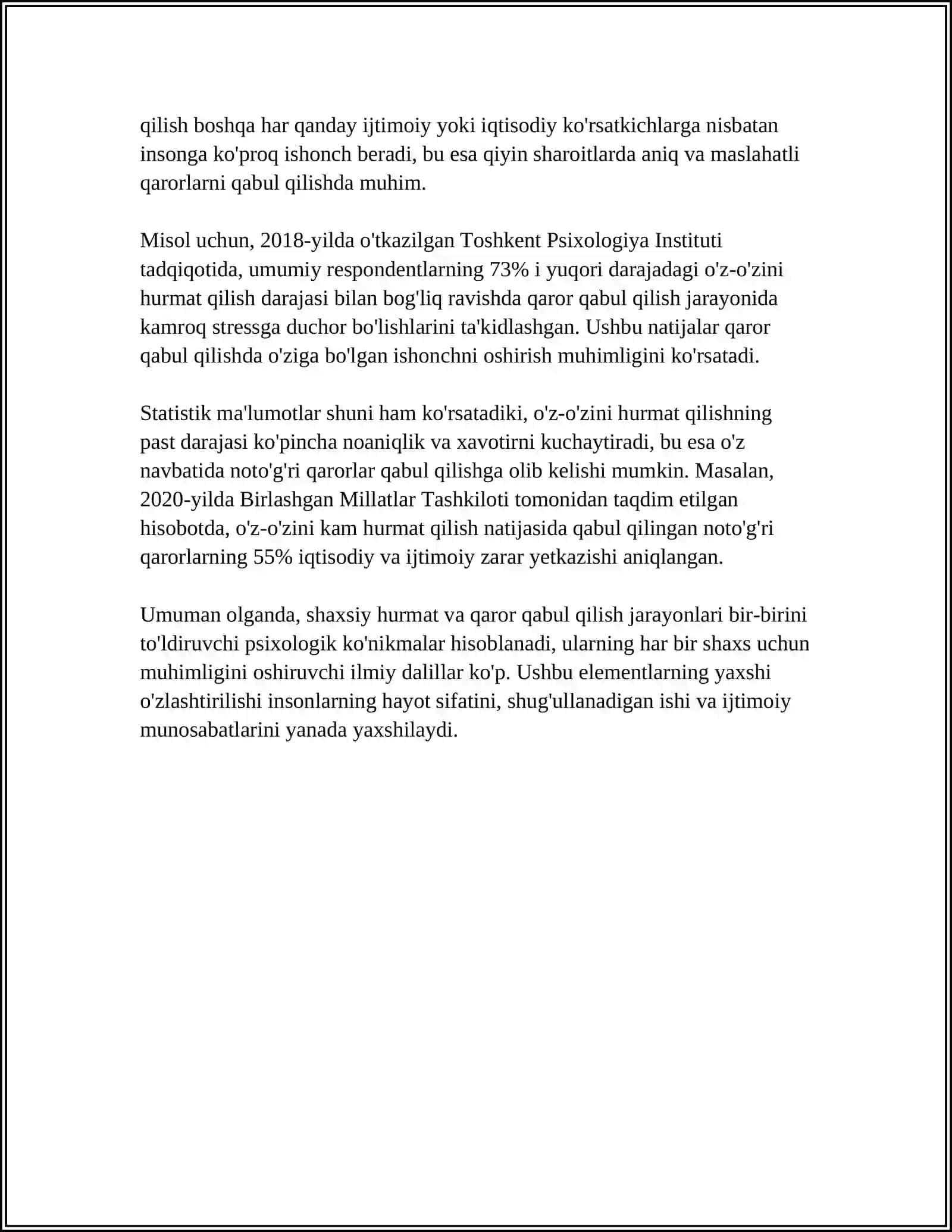 ÓZ ÓZINI HURMAT QILISHNING QAROR QABUL QILISH JARAYONIGA TA' SIRI 4