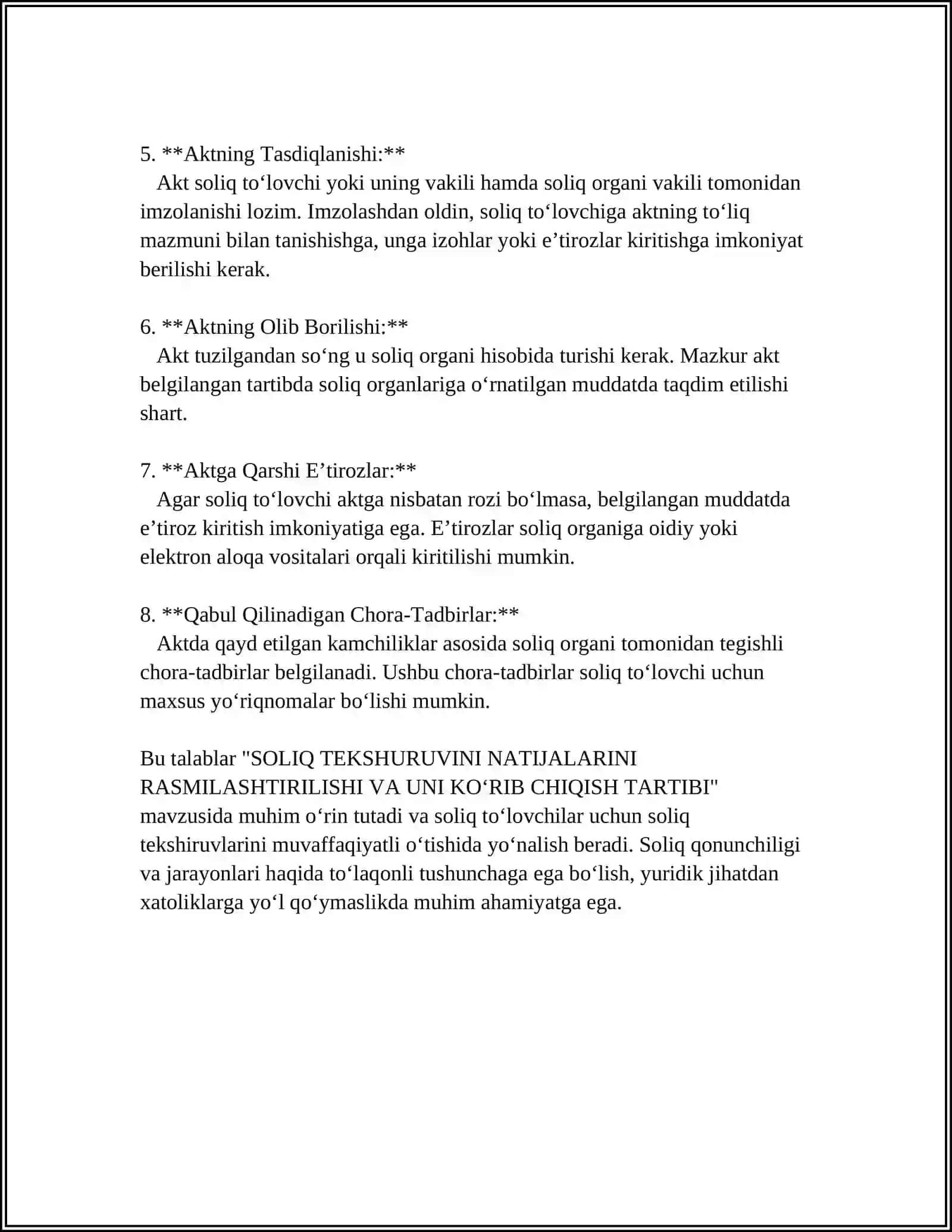 SOLIQ TEKSHURUVINI NATIJALARINI RASMILASHTIRILISHI VA UNI KORIB CHIQISH TARTIBI 4