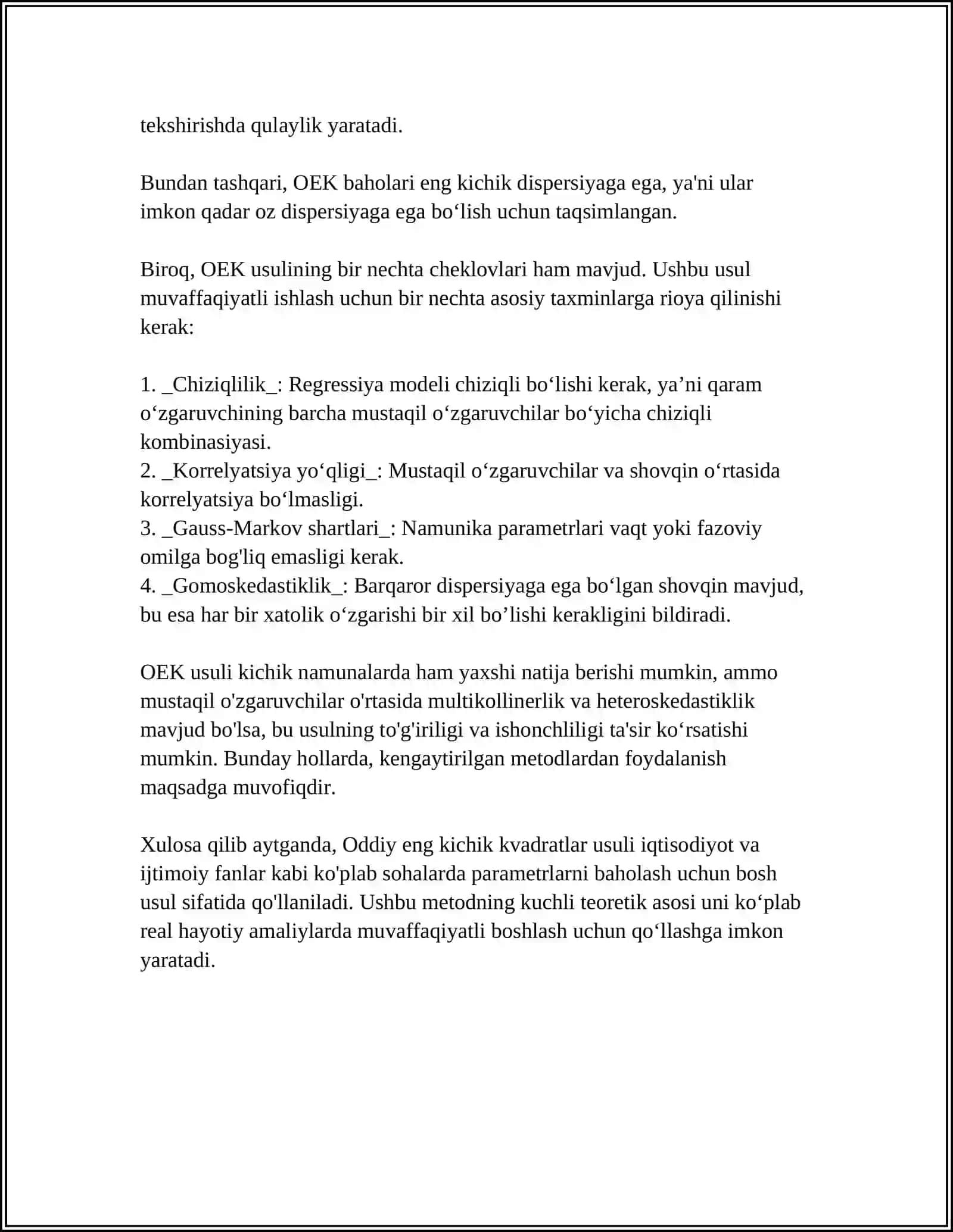REGRESSIYA TENGLAMASIDA PARAMETRLARNI BAXOLASH USULLARI ( OLS, GLS VA BOSHQALAR) 4