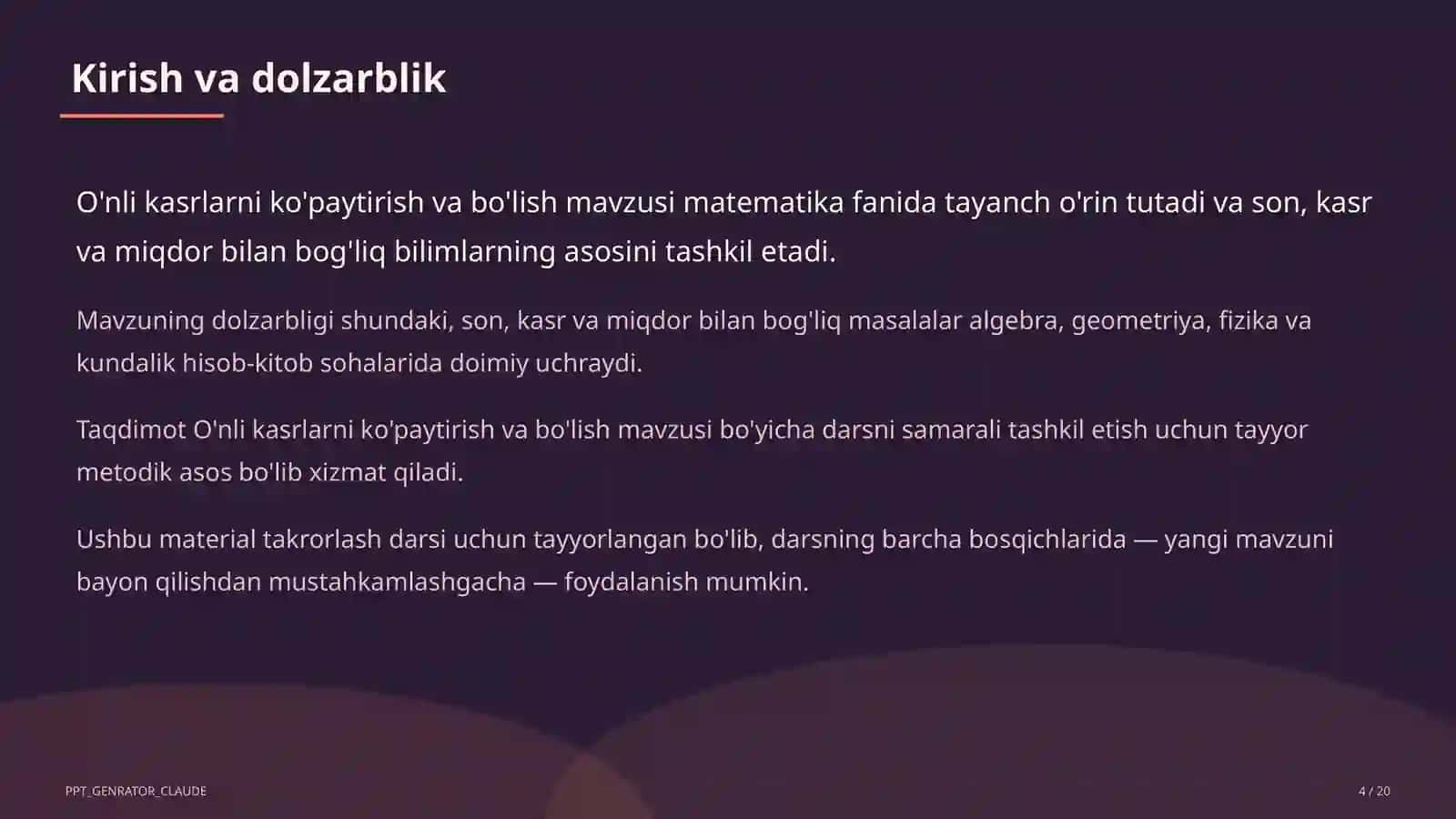 O'nli kasrlarni ko'paytirish va bo'lish (5-sinf) 4