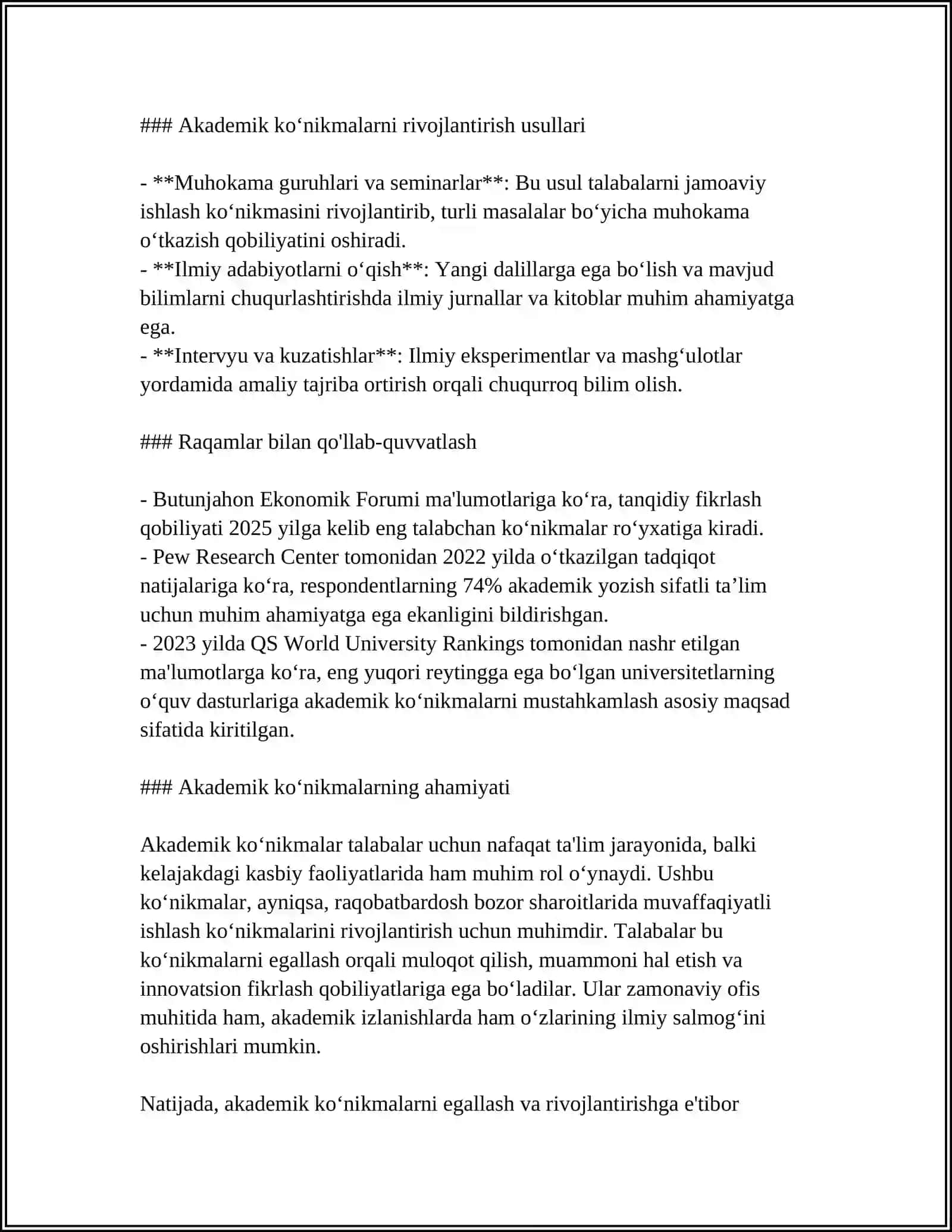 MUSTAQIL ISH Mavzu: AKADEMIK KOʻNIKMALARNING TALABALAR FAOLIYATIDAGI AHAMIYATI VA DOLZARBLIGI 4