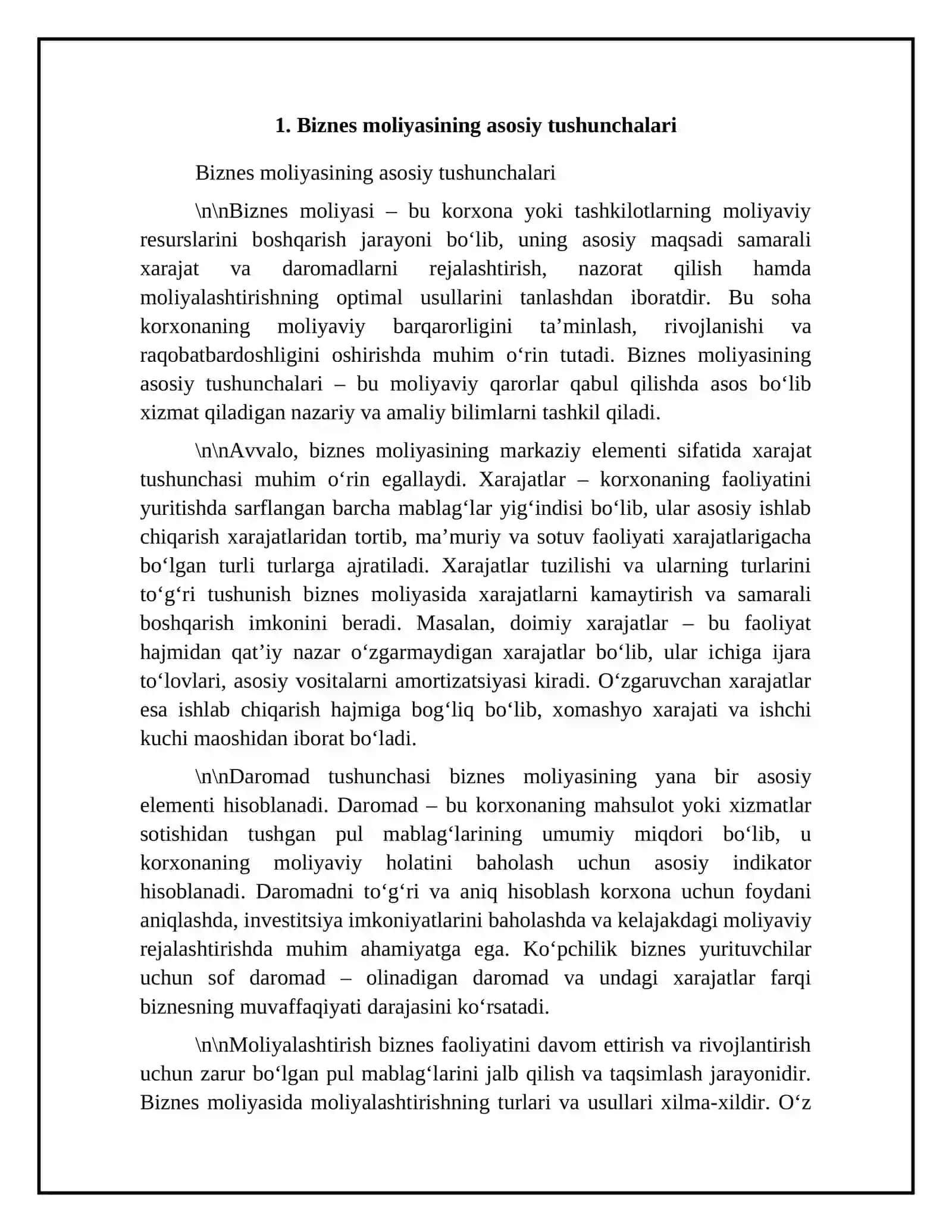 Biznes moliyasi-xarajatlar,daromadlar va moliyalashtirish 4