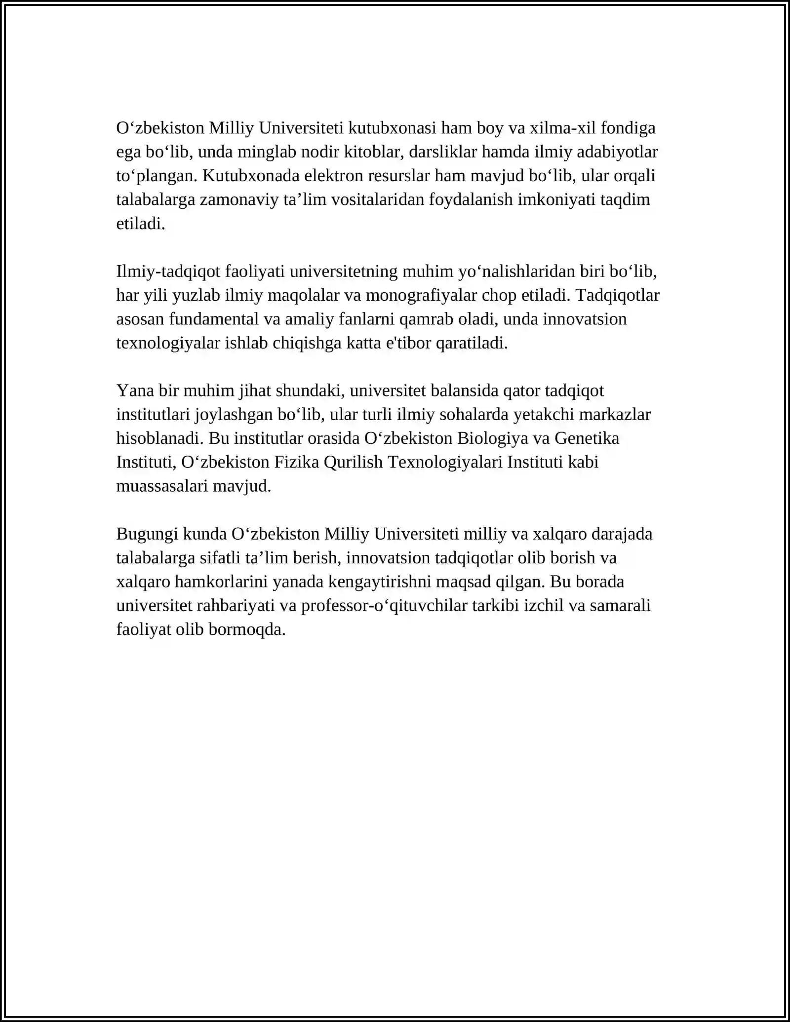 MUSTAQIL ISH Mavzu: O'ZBEKISTON MILLIY UNIVERSITET 4
