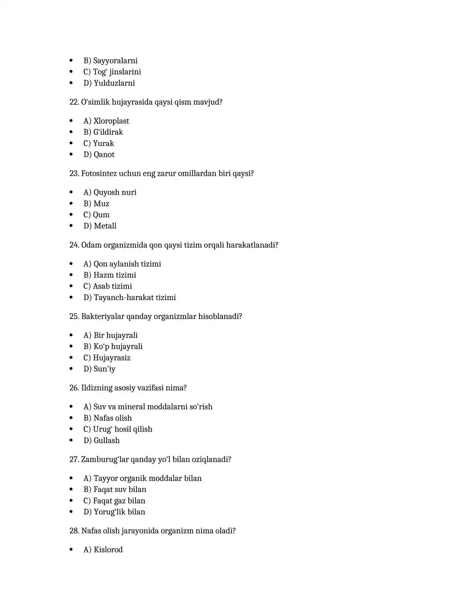 7-sinf Biologiya fanidan 100 ta test 4