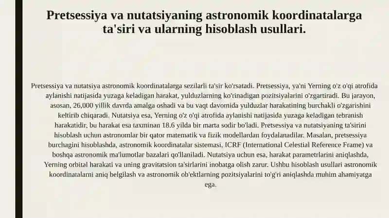 Geosentrik koordinatalar sistemasi osmon koordinatalar sistemasi pretsessiya va nutatsiya xalqaro osmon tzimi sanigi icrf umumer va haquqiy osmon sistemasi koordinatalari orasidagi bog'liqlik 4