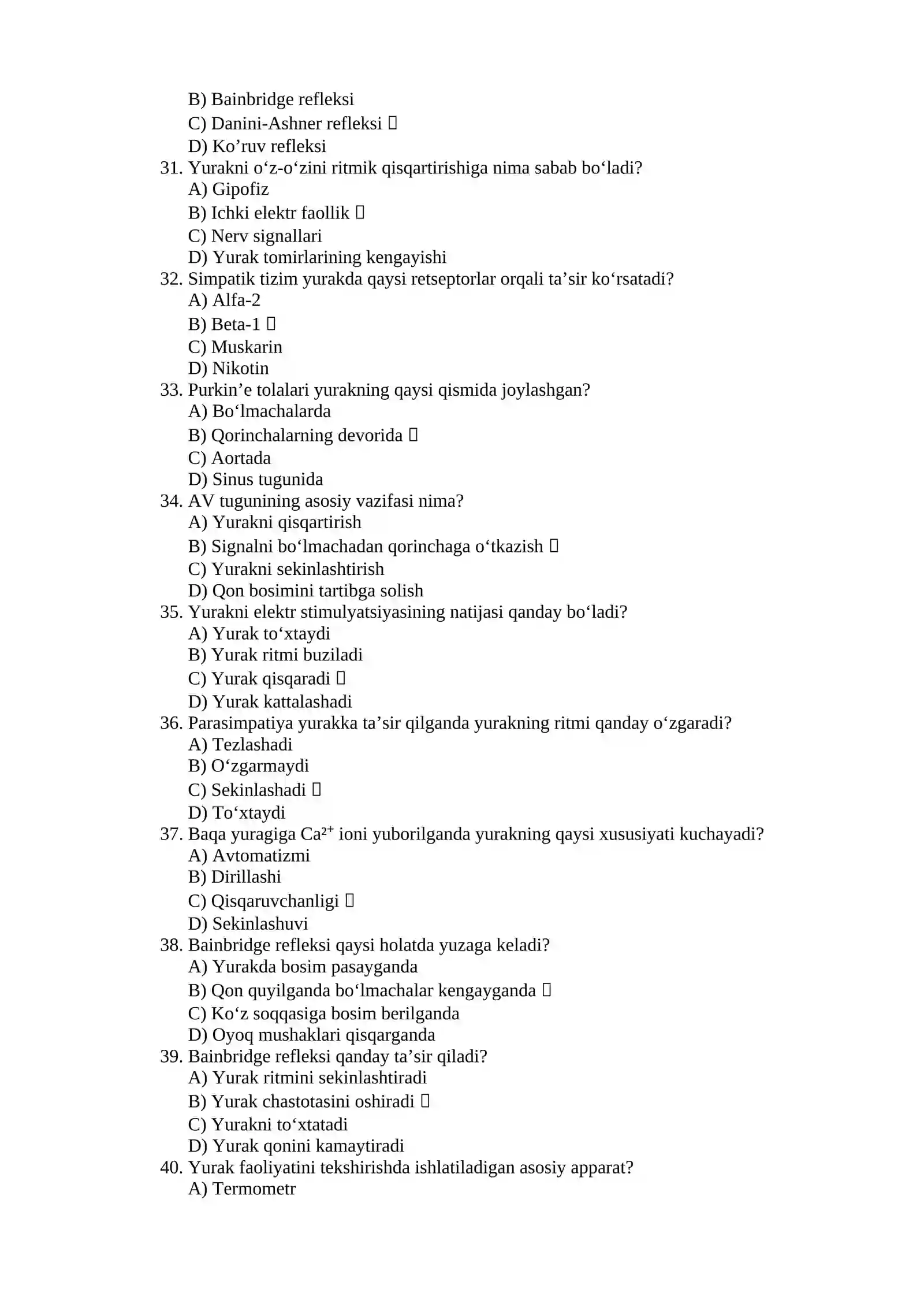 Test Savollari – Yurak faoliyatini boshqarilishi 4