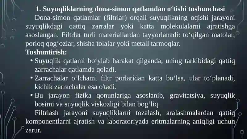 Suyuqliklarning dona-simon qatlamdan o‘tishi va turli jinsli suyuqlik sistemalarni ajratish 4